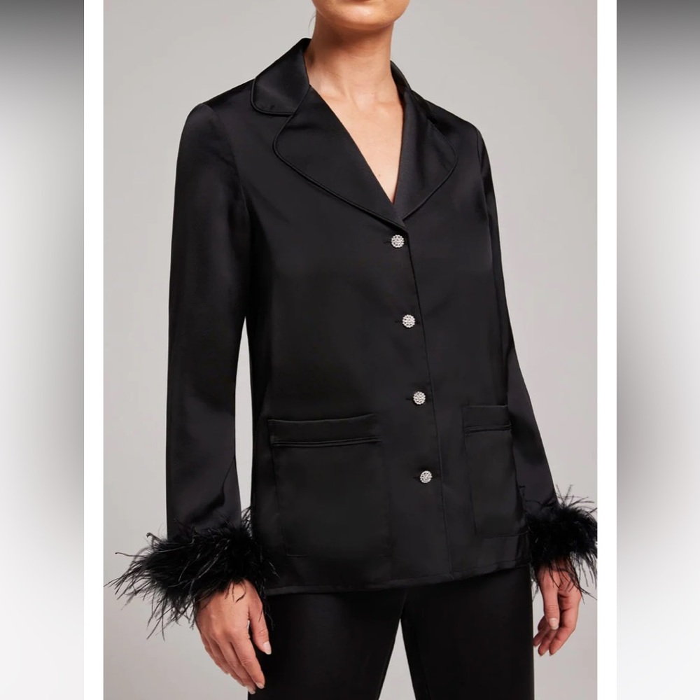 NWT Nadine Merabie Darcie Satin Feathered Diamanté button down Pajama TOP pjs